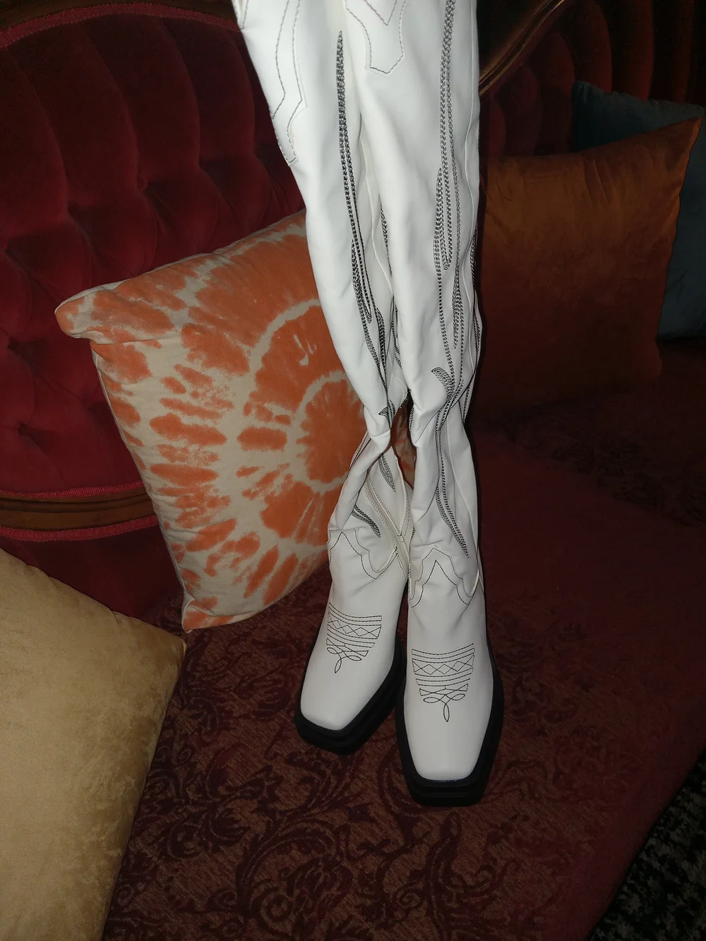 Lemonade White Over-the-Knee Western Boots with Black Stitching